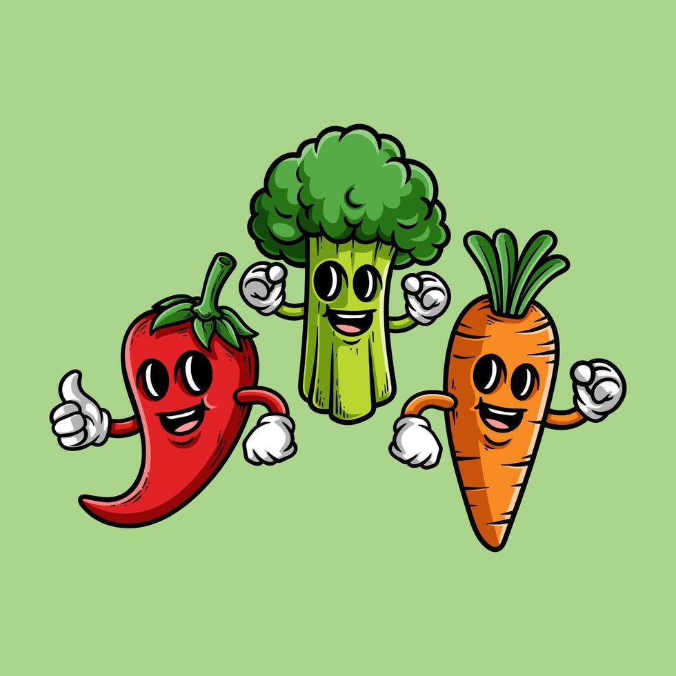 fun happy vegetables compilation colorful cartoon mascot character isolated drawing line style sketch classic vintage design illustration vector