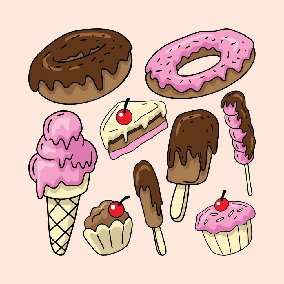 Colorful desserts including donuts and ice cream vector