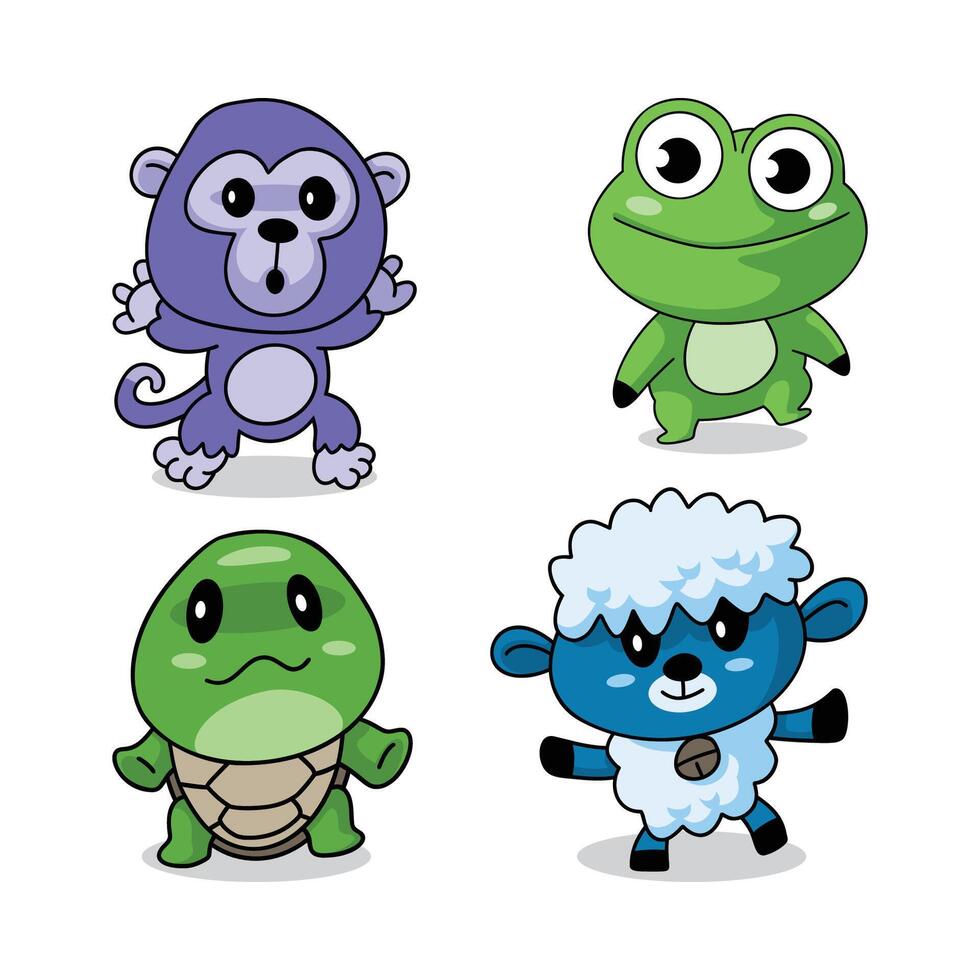 Cartoon monkey, frog, turtle, and sheep vector