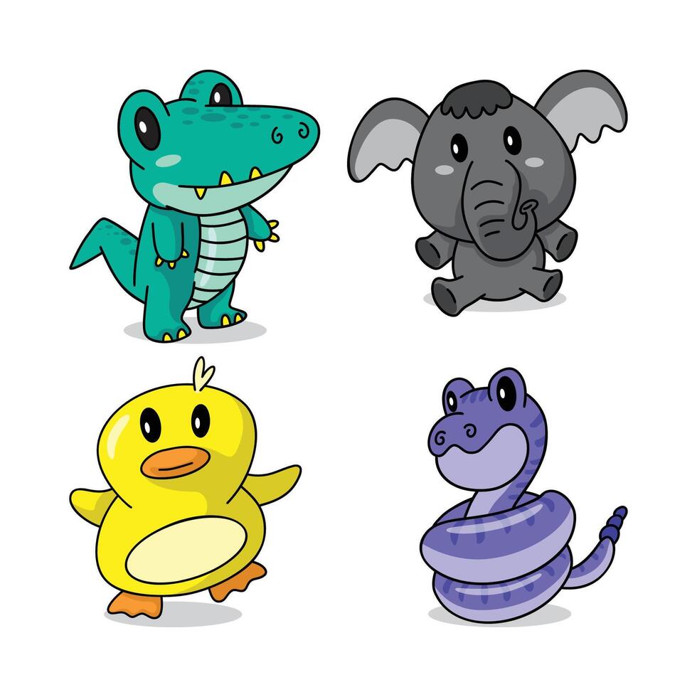 Cartoon animals: crocodile, elephant, duck, snake vector