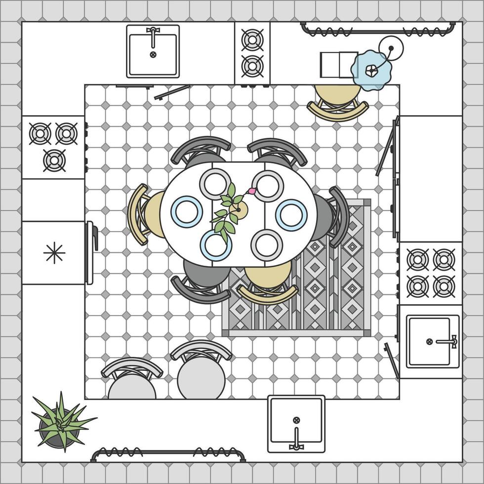 Furniture icons set for kitchen content, layout design. Interior design of dining area. Architectural plan, standard collection. Floor plan in top view vector