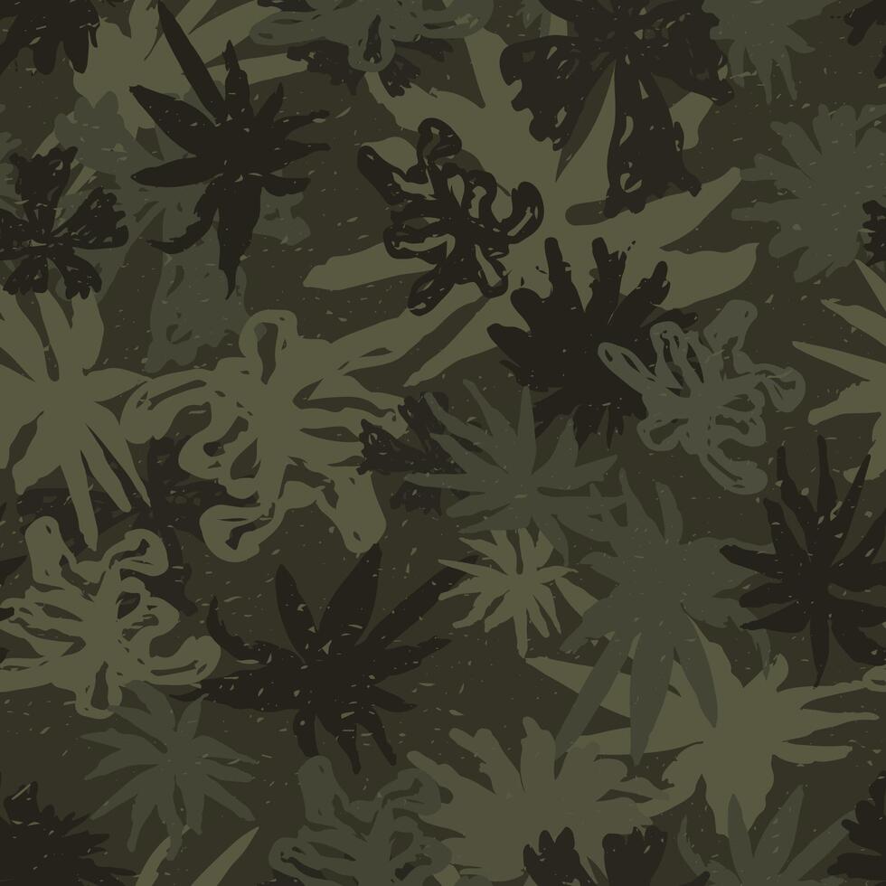 Hand drawn camo with leaf, seamless pattern. Grunge branches and herbs khaki green camouflage background. Distressed texture wallpaper vector