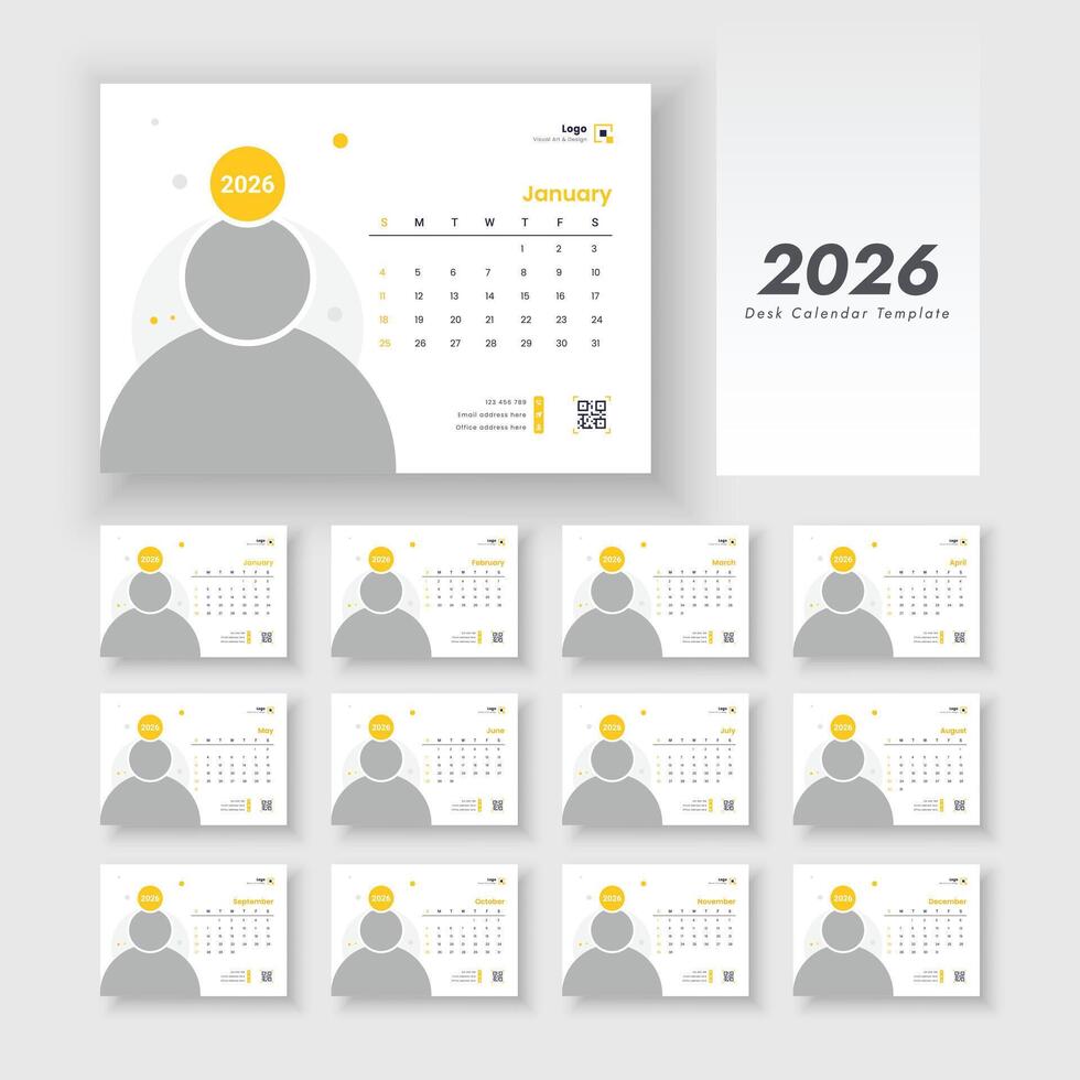 Desk Calendar 2026 planner corporate template design set of 12 months. The week starts on Sunday. New Year's 2026 table calendar. vector