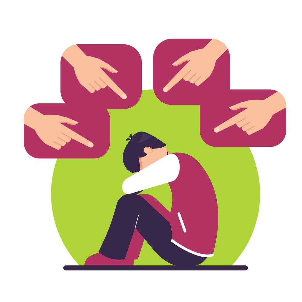 Human fingers pointing at crying man, flat illustration. Social pressure, verbal bullying concept. vector