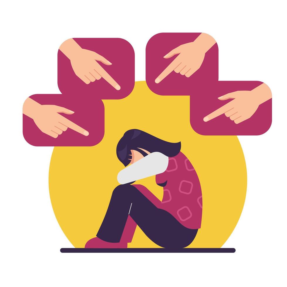 Human fingers pointing at crying girl, flat illustration. Social pressure, verbal bullying concept. vector
