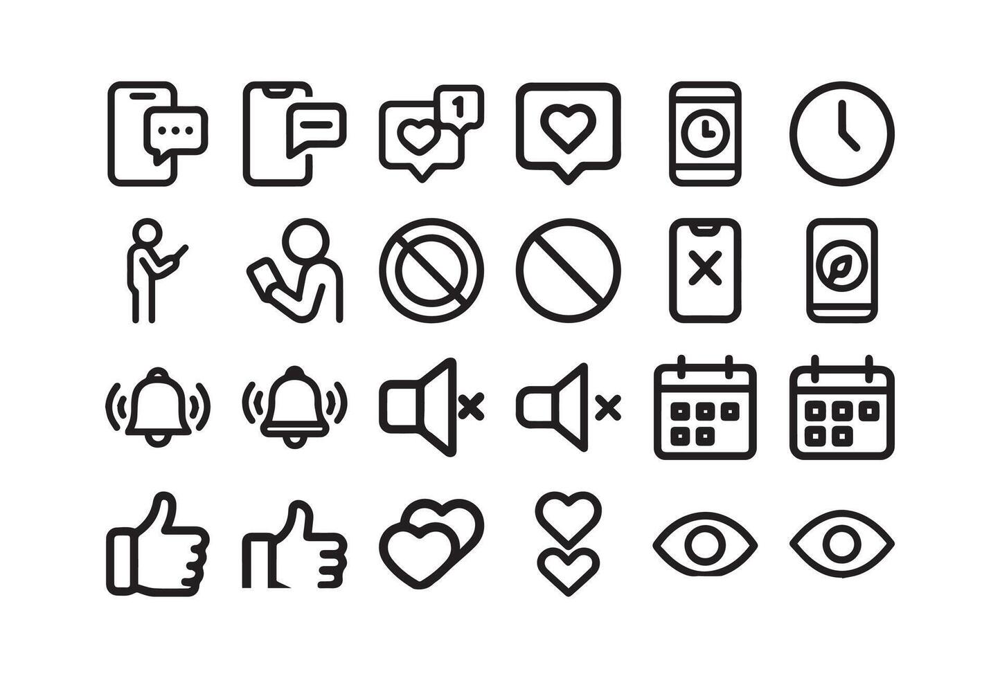 A diverse set of minimalist line icons for social media and general use featuring common notifications engagements and settings vector