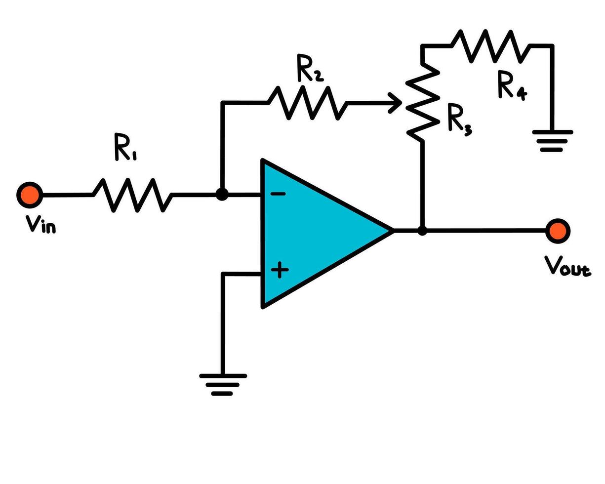Adjustable gain inverting operational amplifier circuit with variable resistor. vector