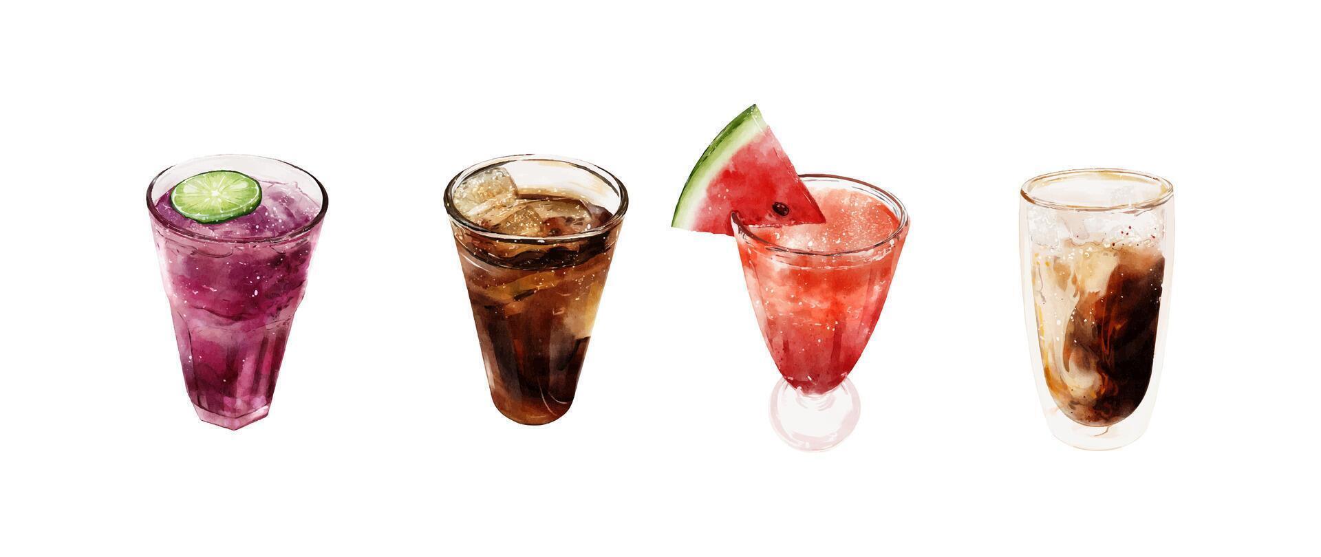 Four colorful summer drinks in glasses vector
