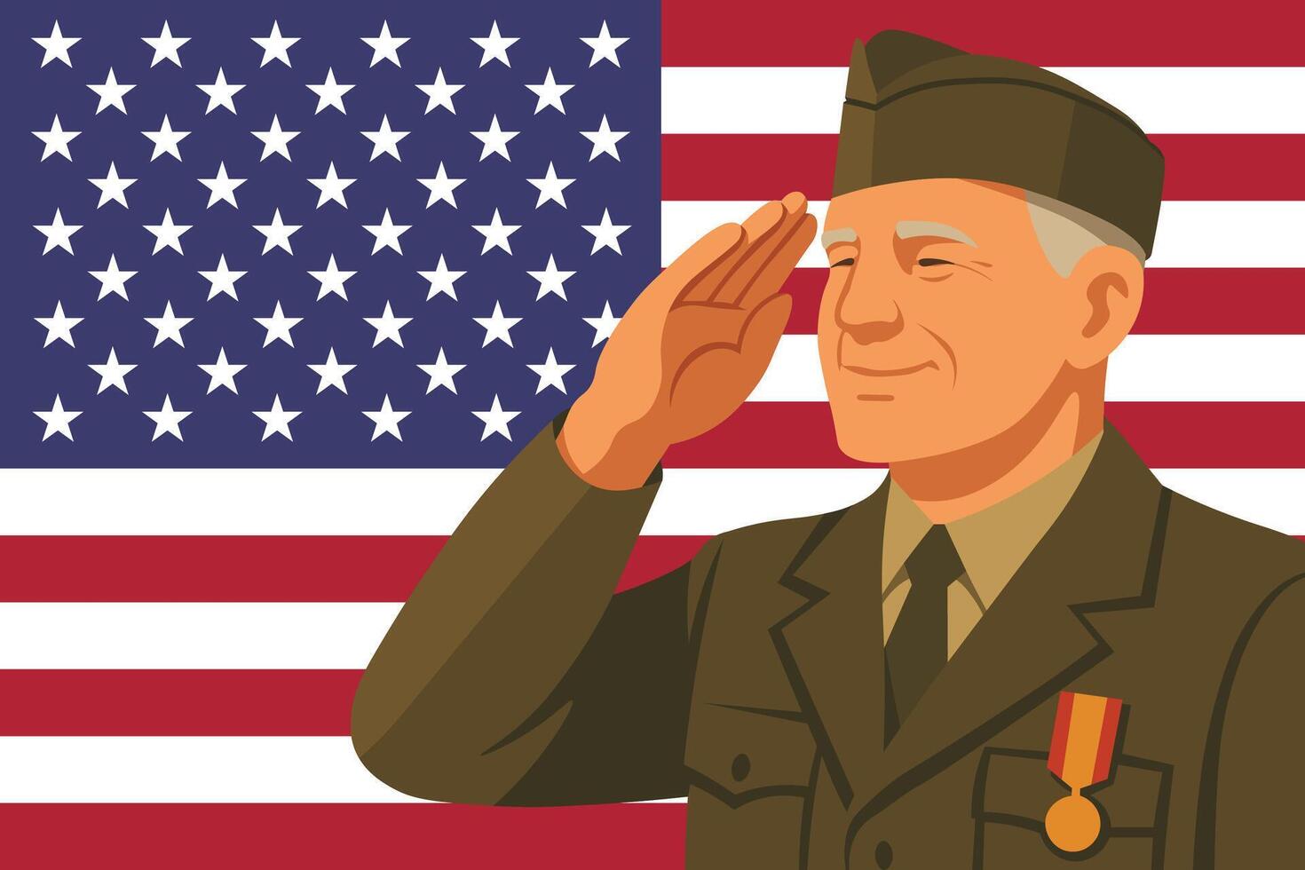 An old man saluting in front of an american flag vector
