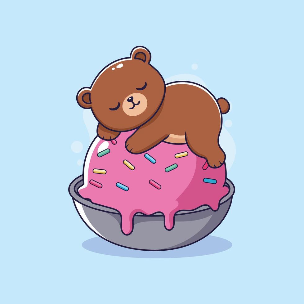 bear sleeping on pink ice cream vector