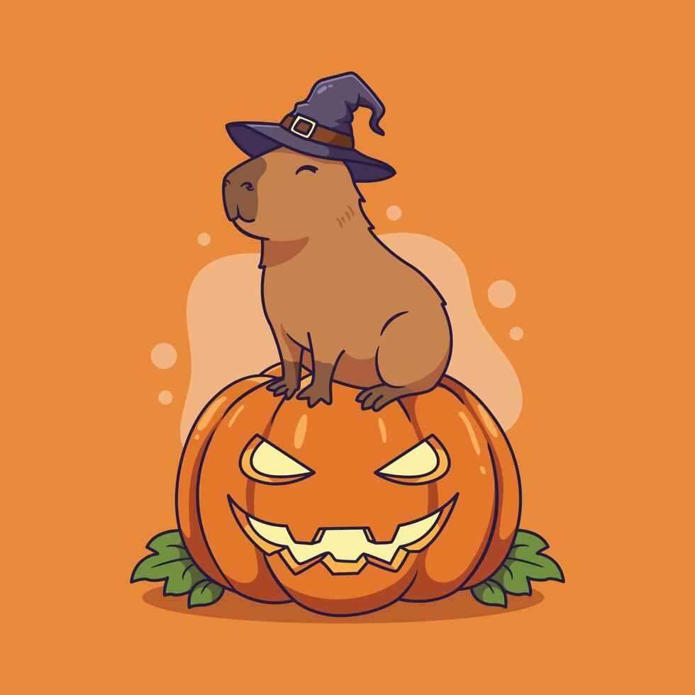 Cute Capybara in a Pumpkin Witch Hat Halloween Illustration vector