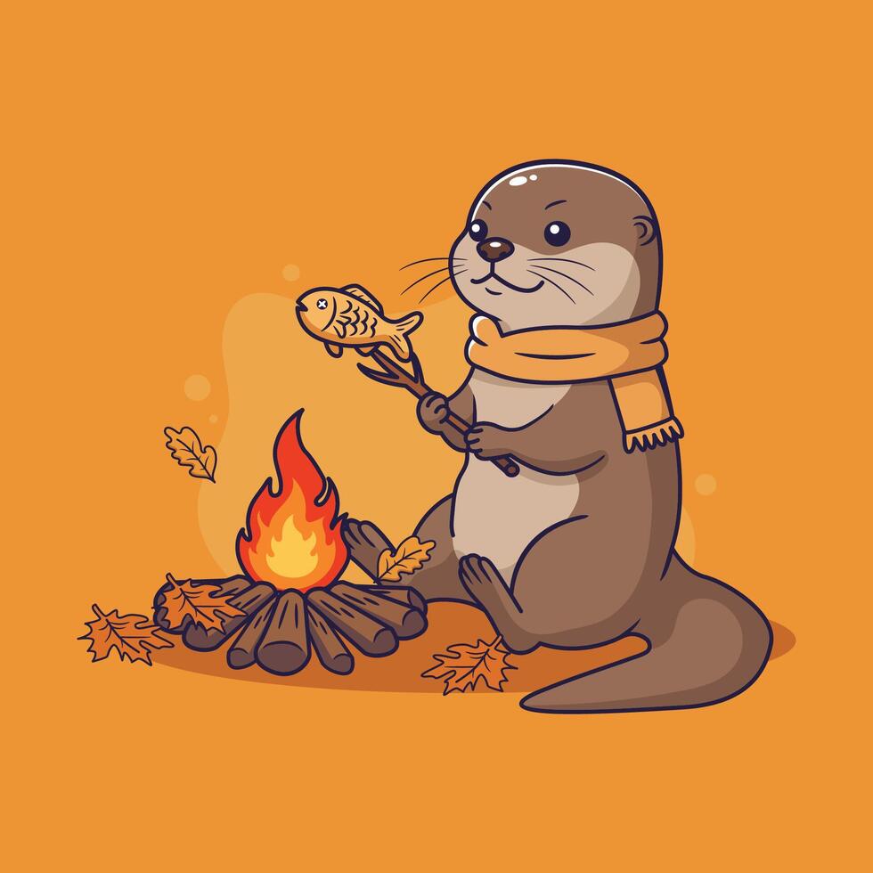 Cute Otter roasting fish over campfire in autumn, wearing a scarf. illustration vector