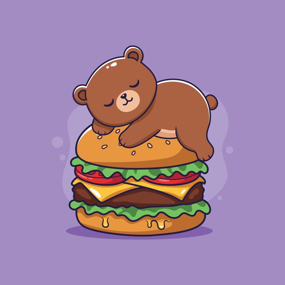 cute bear sleeping on a burger. illustration vector