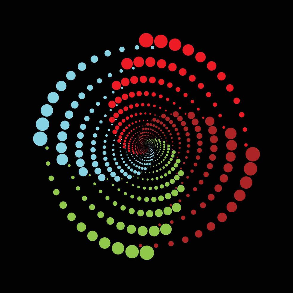 A mesmerizing spiral vortex composed of colorful gradient dots in red blue green and aqua on a black background The abstract circular pattern creates a sense of depth and motion often used vector