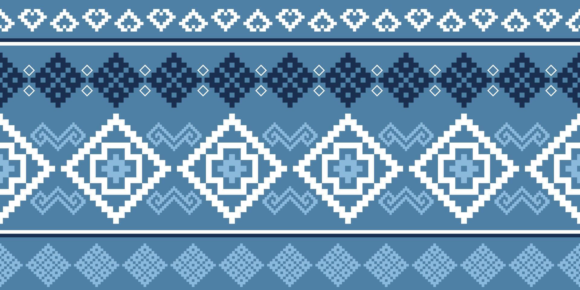 Ethnic geometric fabric pattern Cross Stitch. Ikat embroidery Ethnic oriental Pixel pattern blue background. Abstract illustration. For texture, clothing, wrapping, decoration, carpet vector