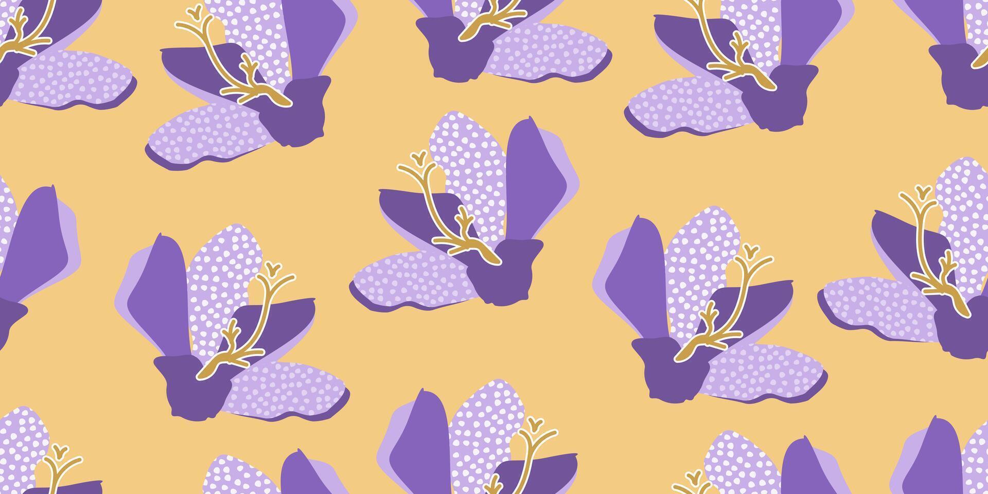 Trendy exotic hand drawn violet flowers seamless pattern. Floral background for textile, wallpaper, banner, covers, surface, printing and home decor. vector