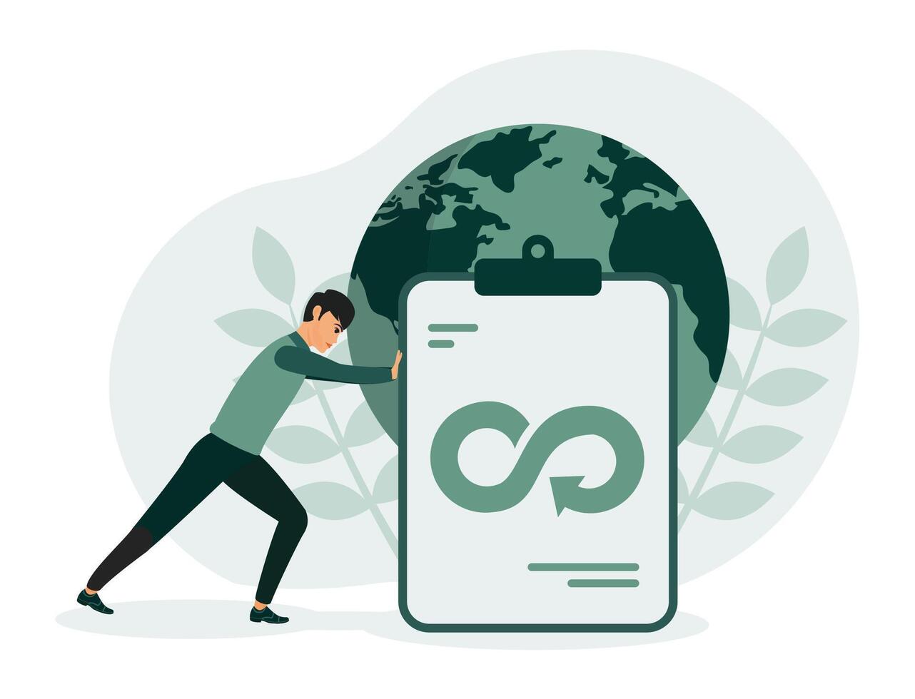 ESG, green energy and industry concept. A man pushes a clipboard in front of the earth. vector