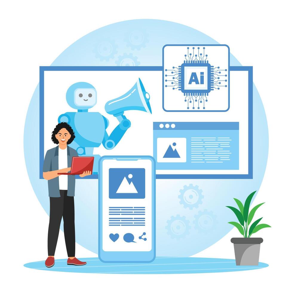 Human and robot with AI technology vector