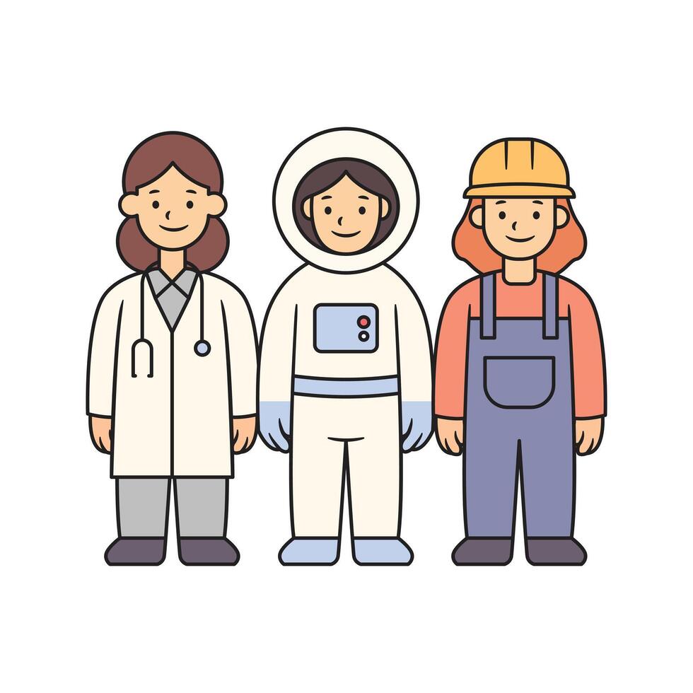 Cute cartoon illustration of three women in different professions, a doctor, an astronaut, and a construction worker, standing side by side and smiling. Women's Equality Design. vector