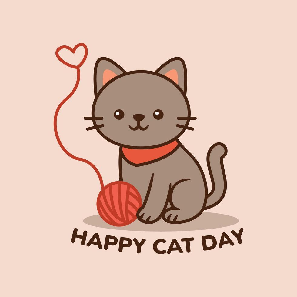 Gray cat playing with a red yarn ball wearing a cute scarf. Happy Cat Day Cartoon Illustration. vector