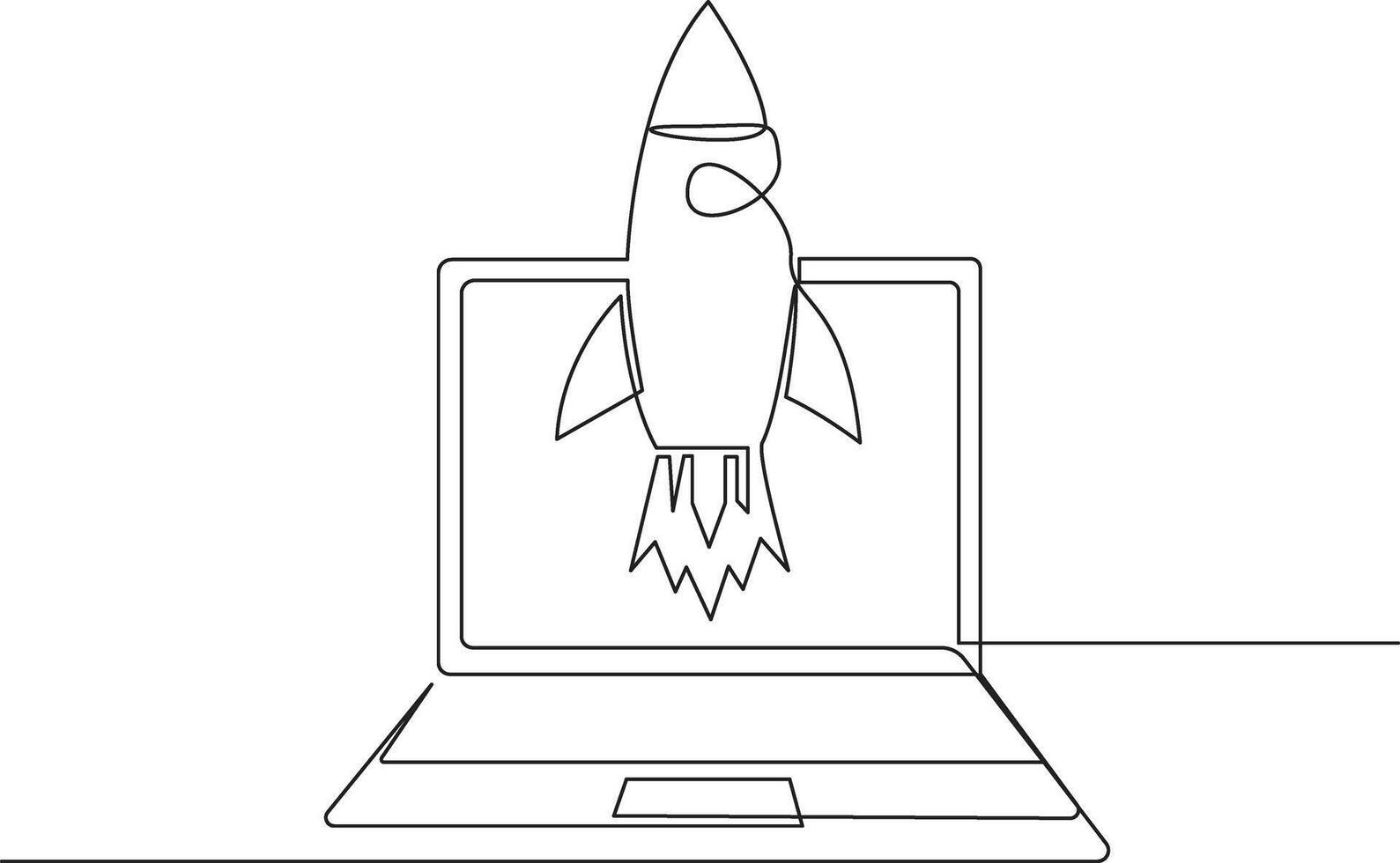 Continuous one line icon rocket launching from a laptop screen. Ideal for startup concepts, app launches, innovation, tech growth, digital marketing, and web development visuals. Illustration vector