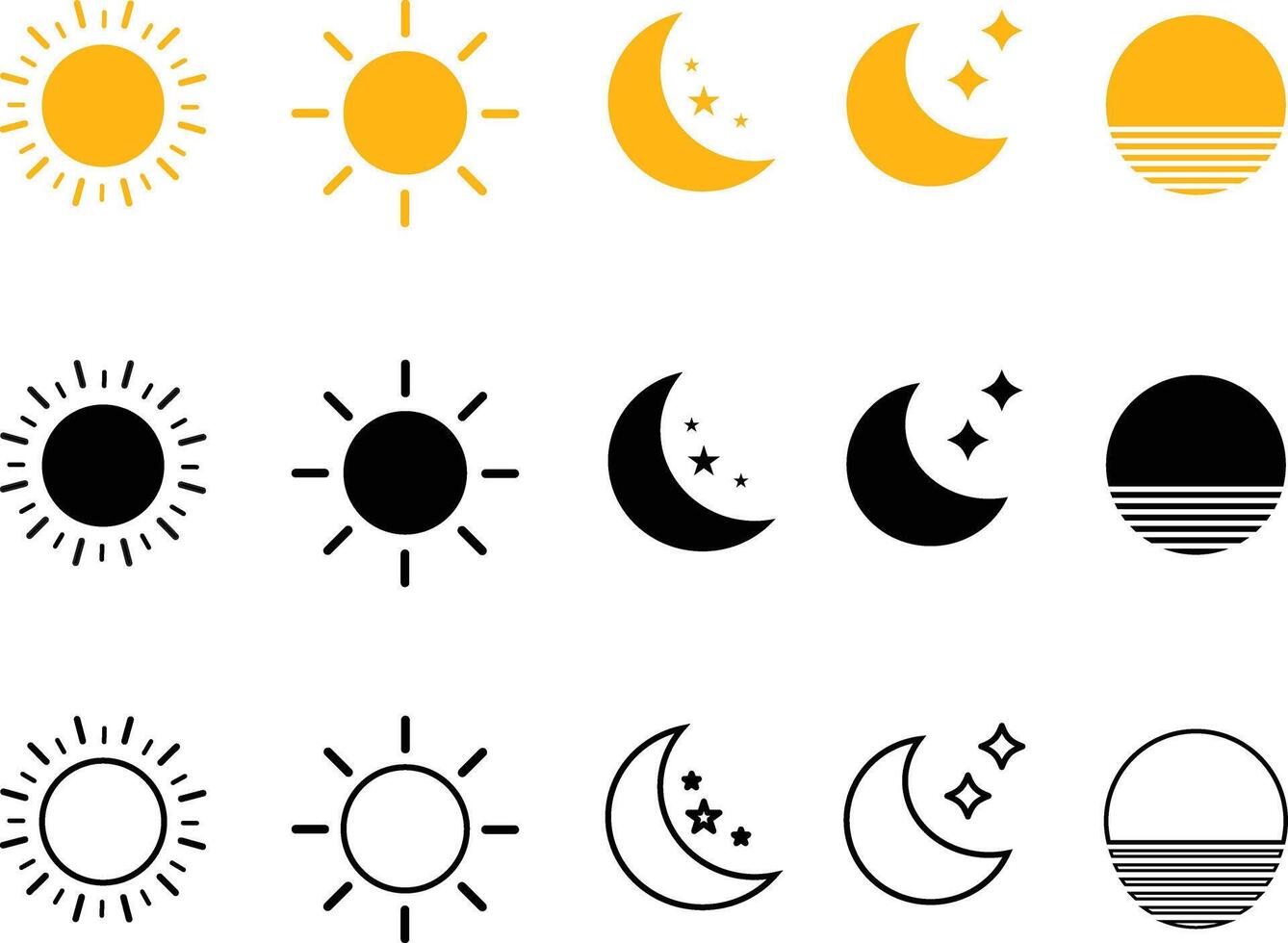 Sun and Moon Icon Set, Day and Night Symbols in Black and Yellow, Minimal Line and Solid Style for Web, App, and Illustration. vector