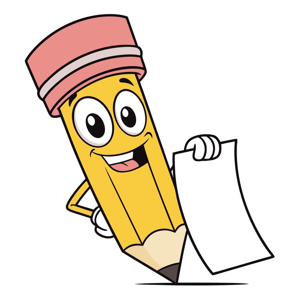 Pencil character holding a blank sheet of paper illustration vector