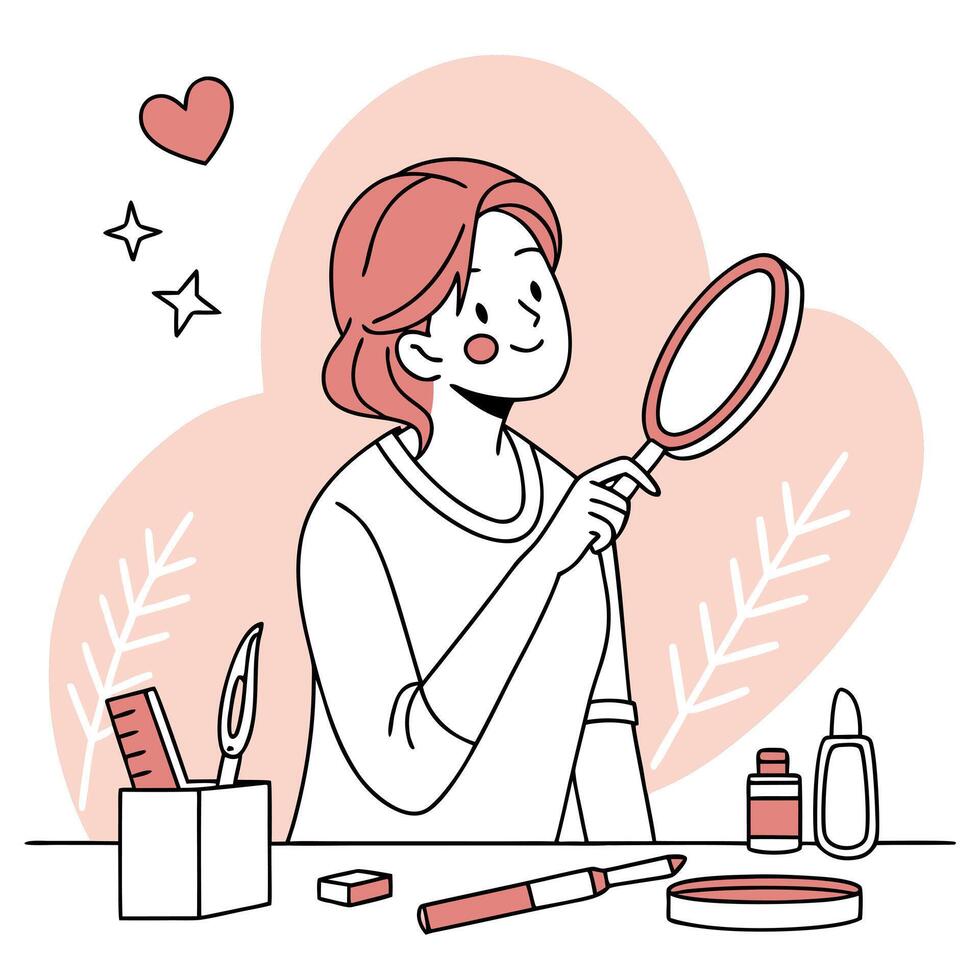 Woman looking at mirror with makeup products vector