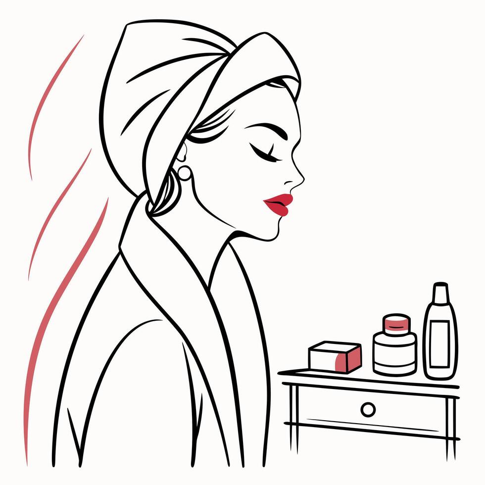 A woman in a towel is looking at her face in the mirror vector