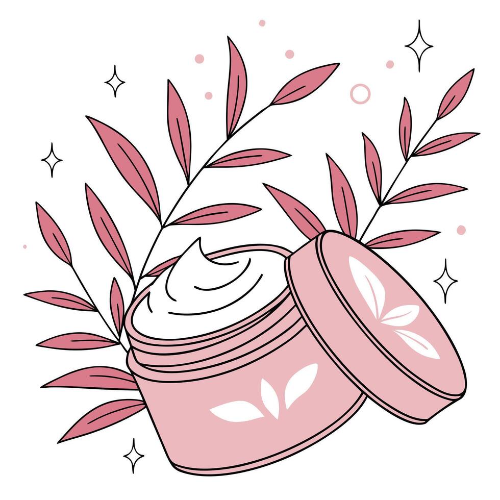 A jar of cream and leaves on a white background vector