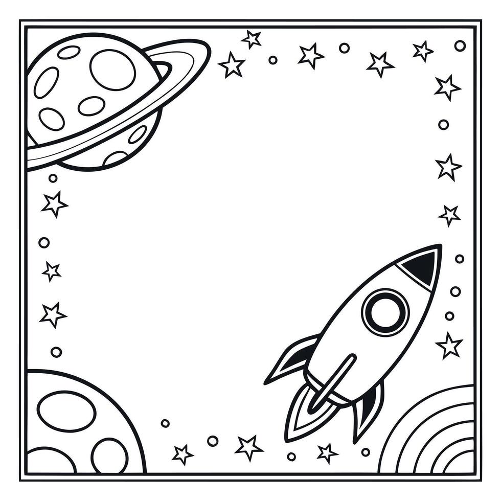 A coloring page with a rocket and space ship vector