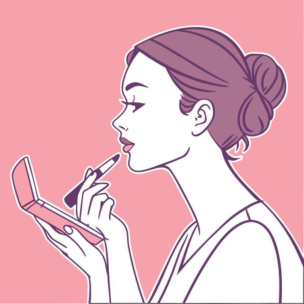 Woman applying lipstick to her lips vector