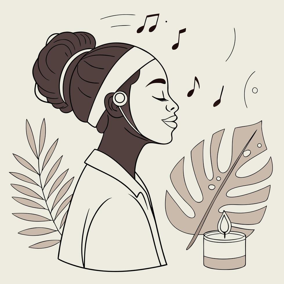 A woman with headphones and a candle is listening to music vector
