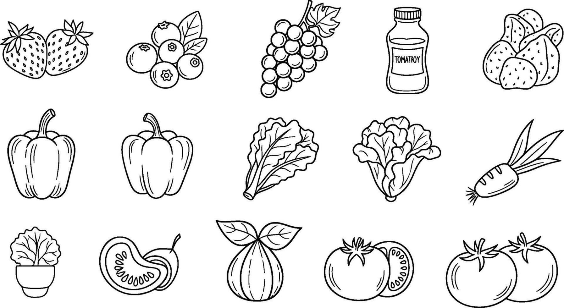 A set of vegetables and fruits in outline style vector