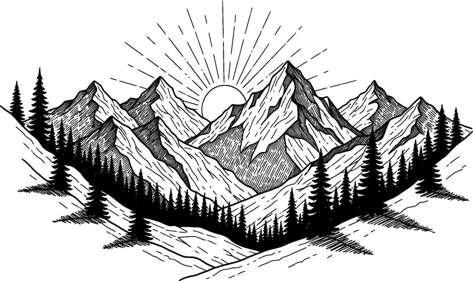 Mountain landscape with pine trees and sun vector