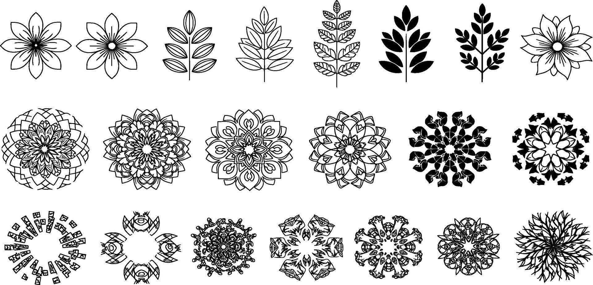 A set of black and white floral designs vector