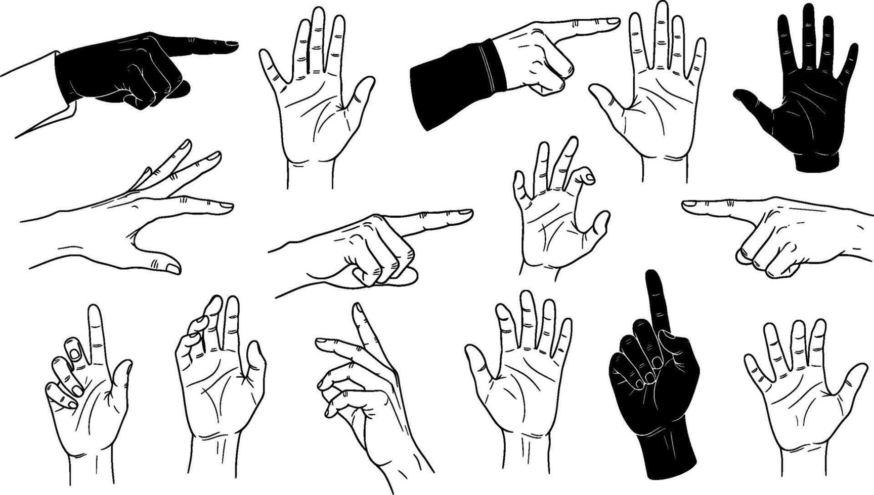 A set of different hand gestures, including a finger pointing vector