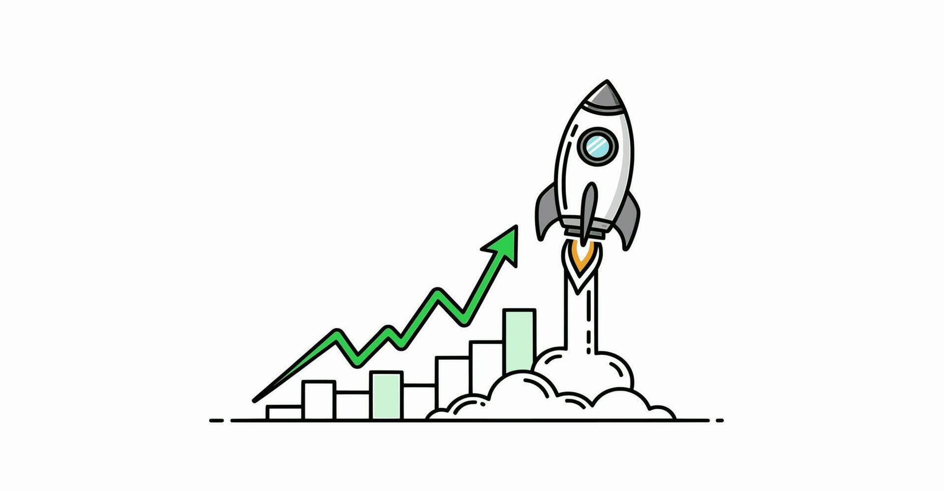 A rocket is flying up a chart with a green arrow vector