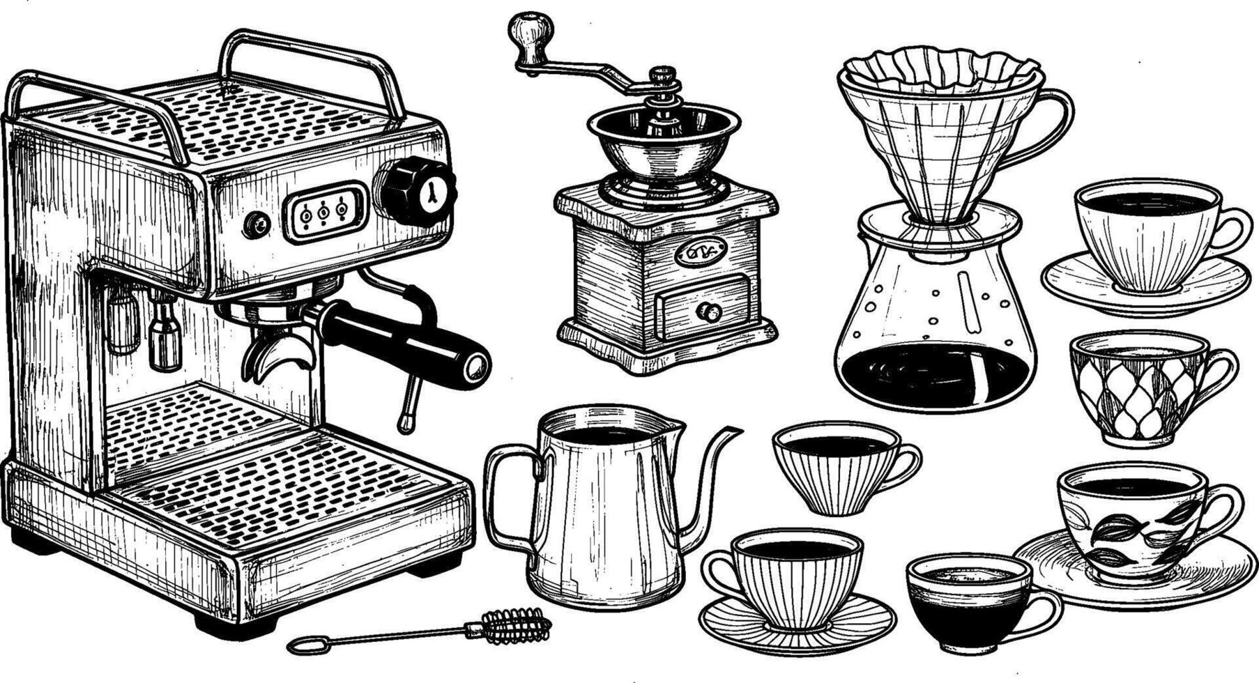 Coffee maker, coffee grinder, coffee beans, coffee grinder, coffee grinder, vector