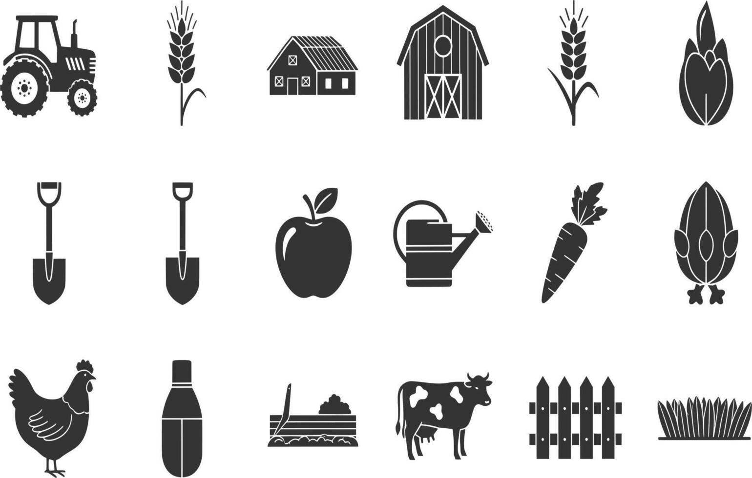 Farm and agriculture icons set, black and white illustration vector