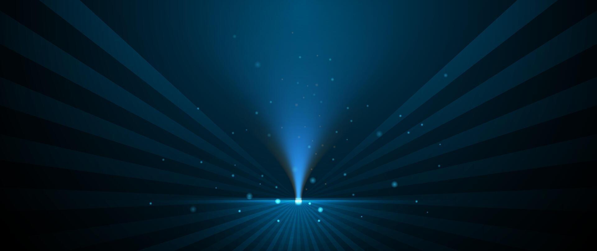 Illustration blue light ray, stage scene for luxury poster, template premium award design. Abstract elegant dark blue, glow glitter, lighting effect sparkle on black background vector
