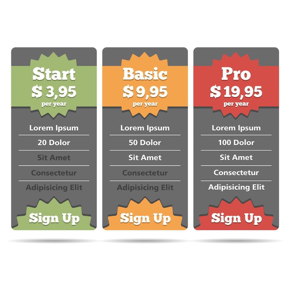 Pricing table with three plans for web vector