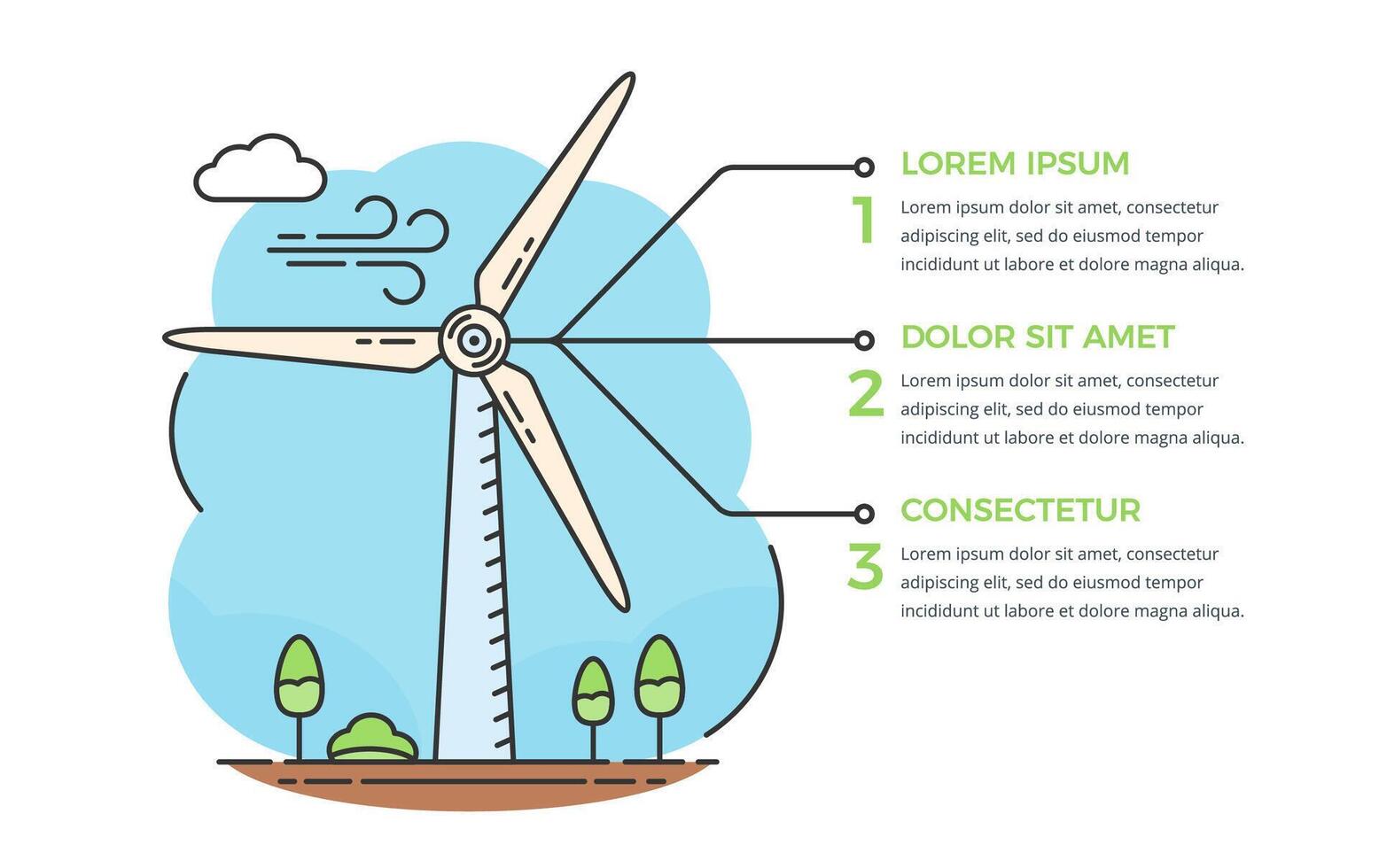 Wind energy concept - wind turbine with three elements for your text, line style, infographic template vector