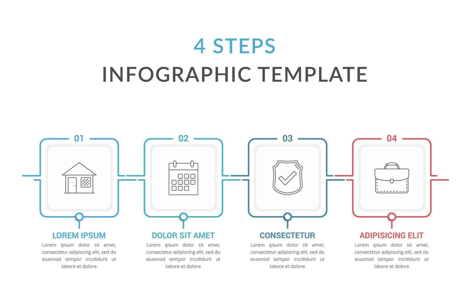 Infographic template with four squares with text and line icons, process diagram, workflow, four steps or options vector