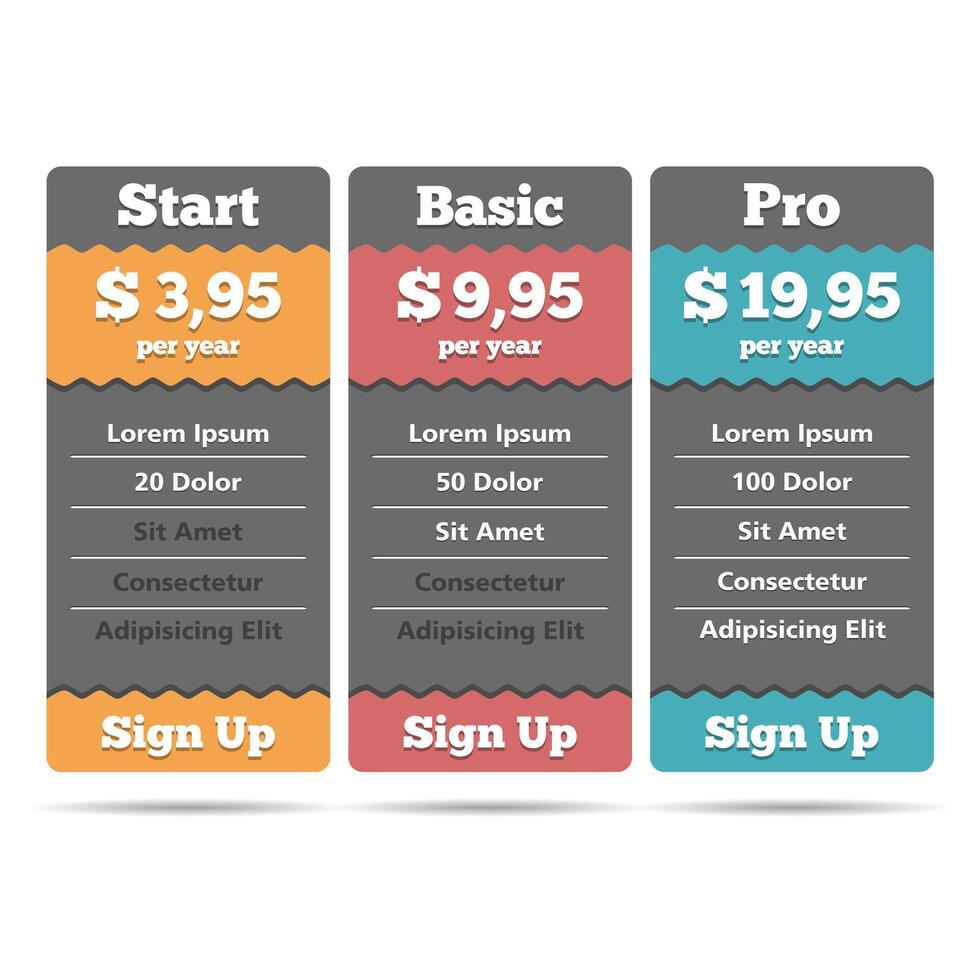 Pricing table template for web with 3 elements vector