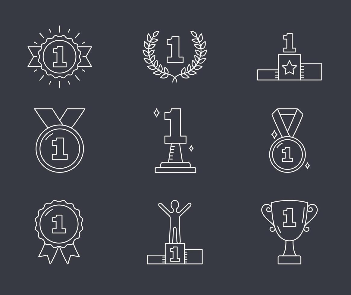 Line icons with number one, champion, winner, leader, success icons. dark background vector