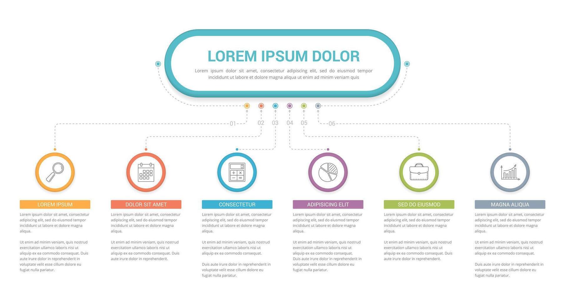 Infographic template with main title and 6 steps or options, workflow, process chart vector