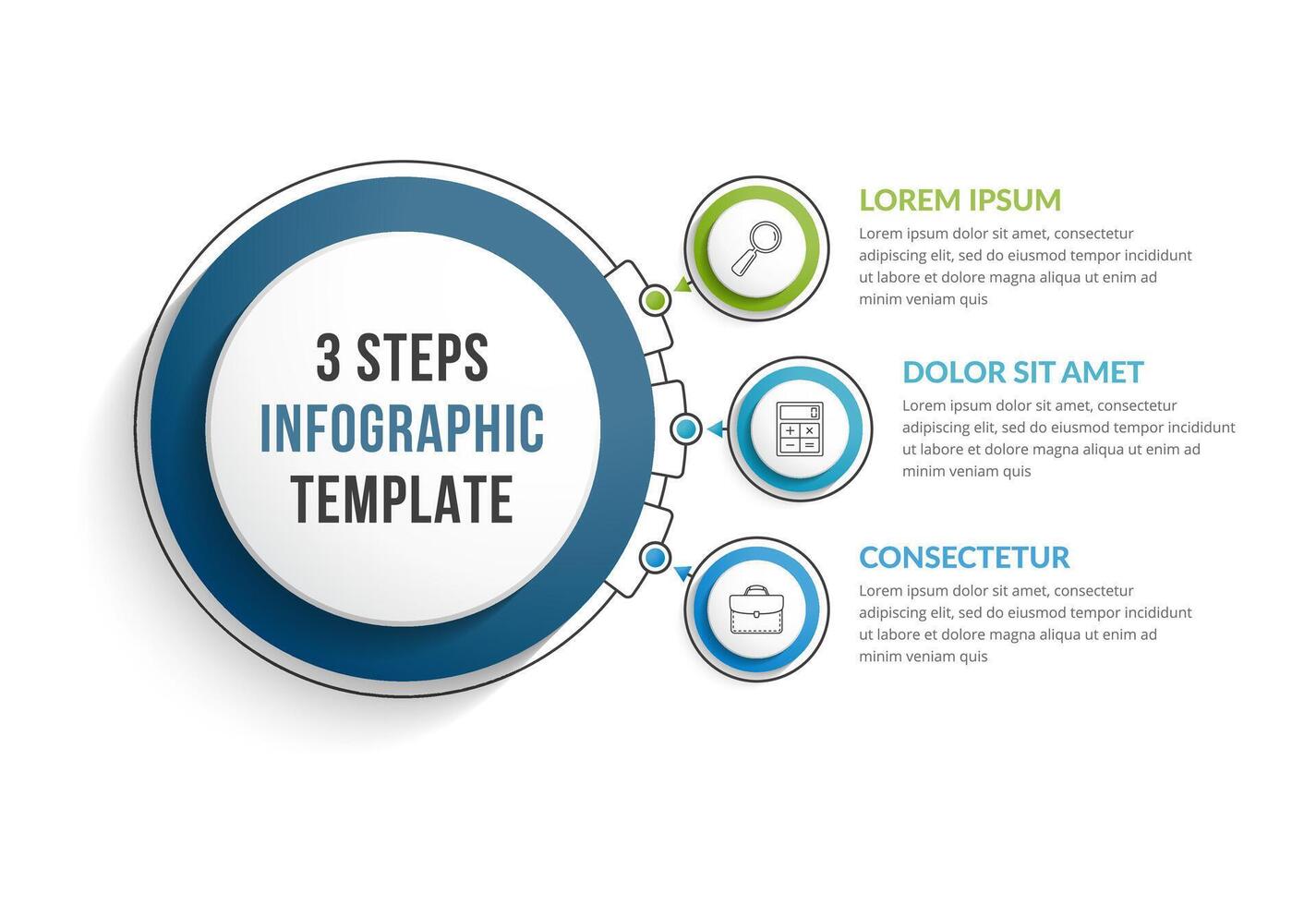 Infographic template with three steps or options connected with main circle vector