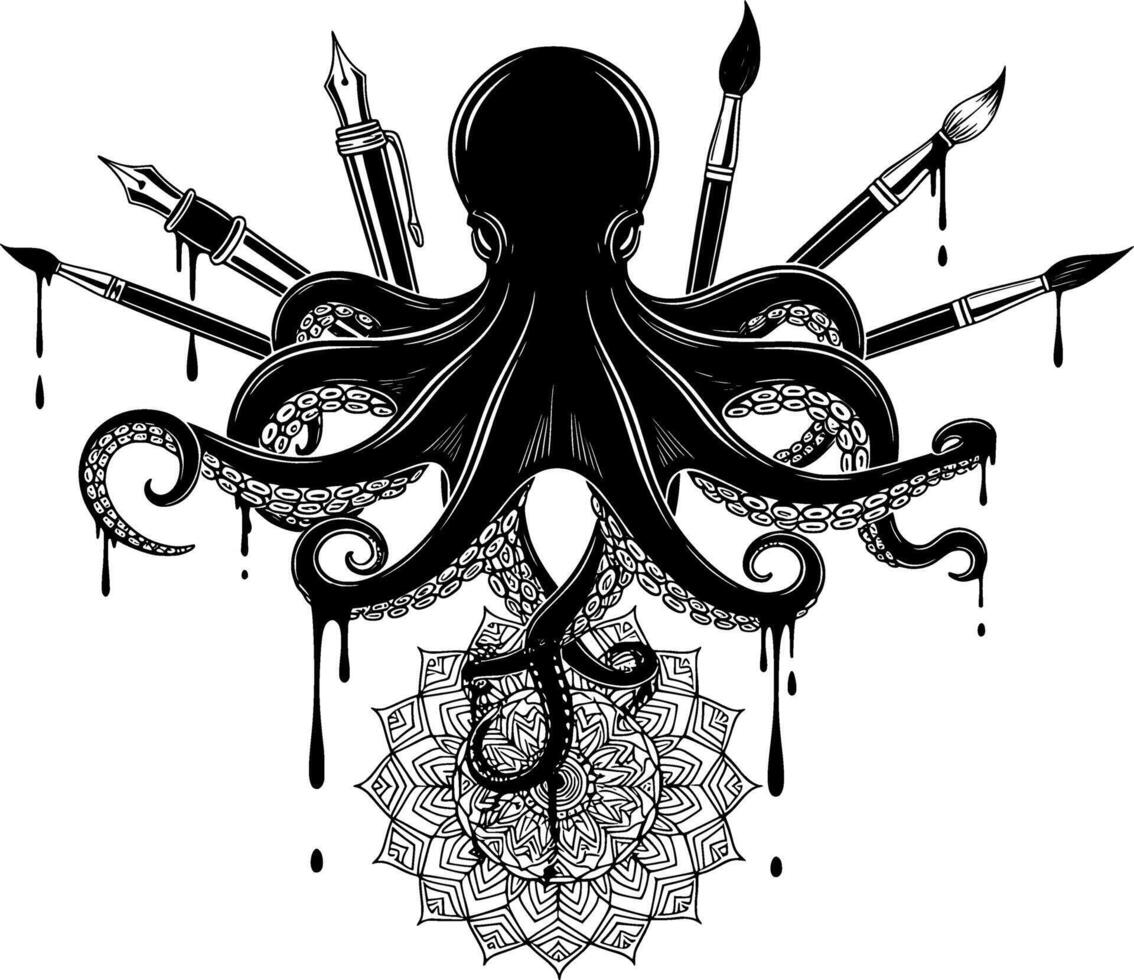 An octopus with a paintbrush and ink pens vector