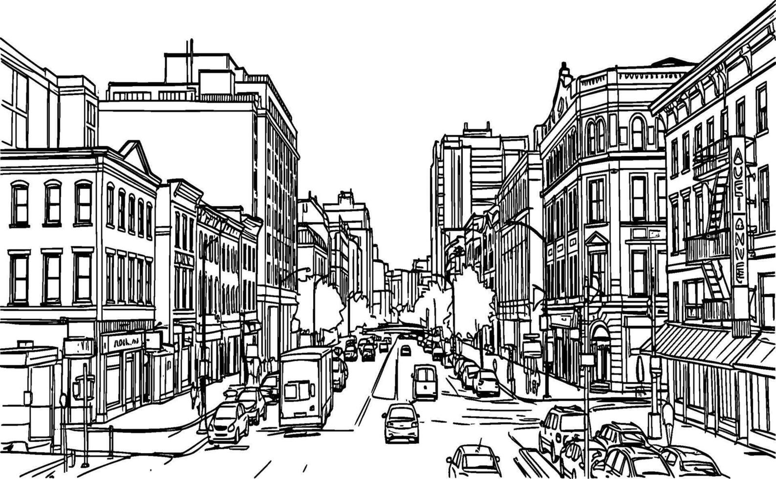 A drawing of a city street with cars and buildings vector
